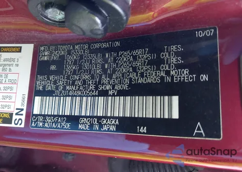 2008 Toyota 4Runner Sr5 V6 z USA, uszkodzony, nr VIN JTEZU14R48K005644